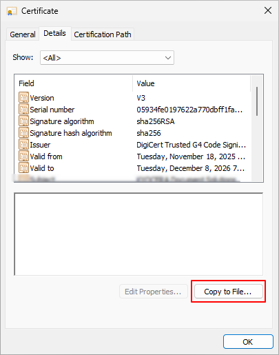Certificate window, Details tab, with the Valid to field and the Copy to File button