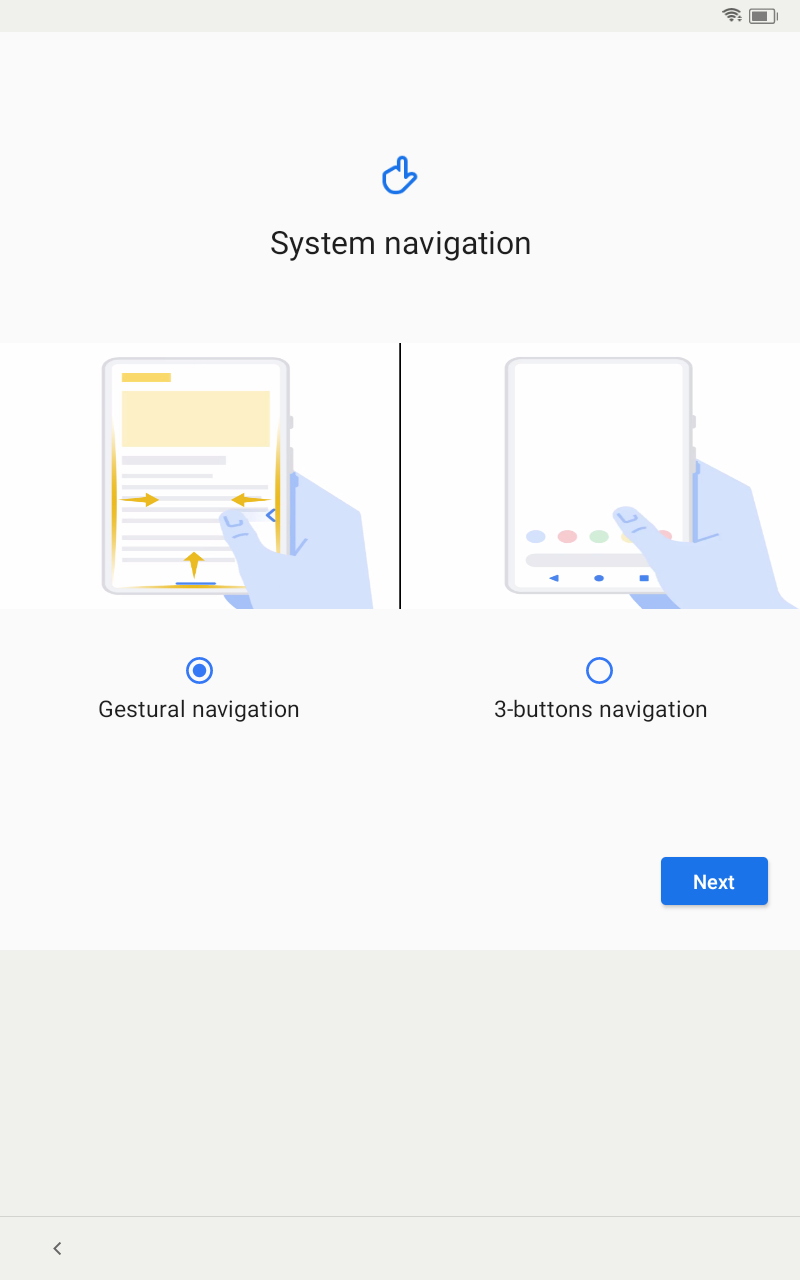 Écran de configuration de la navigation du système Android avec la navigation gestuelle sélectionnée