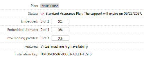 License usage, with installation key and support expiration.