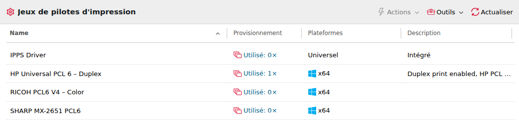 Liste des ensembles de pilotes d'impression