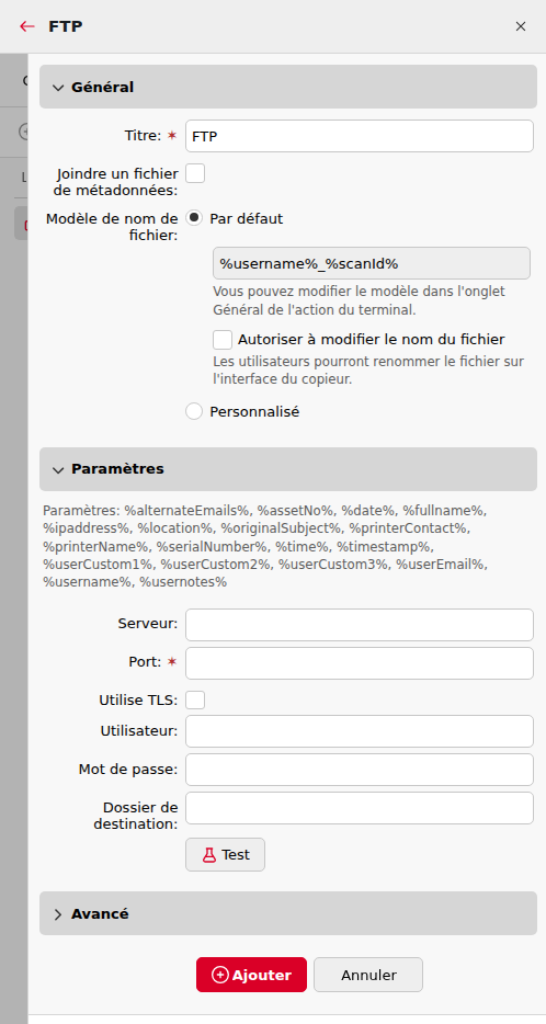 Propriétés de la destination FTP avec modèle de nom de fichier, serveur, port, TLS, identifiants et dossier de destination