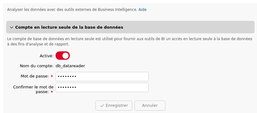 Paramètres des rapports externes avec le compte en lecture seule de la base de données activé